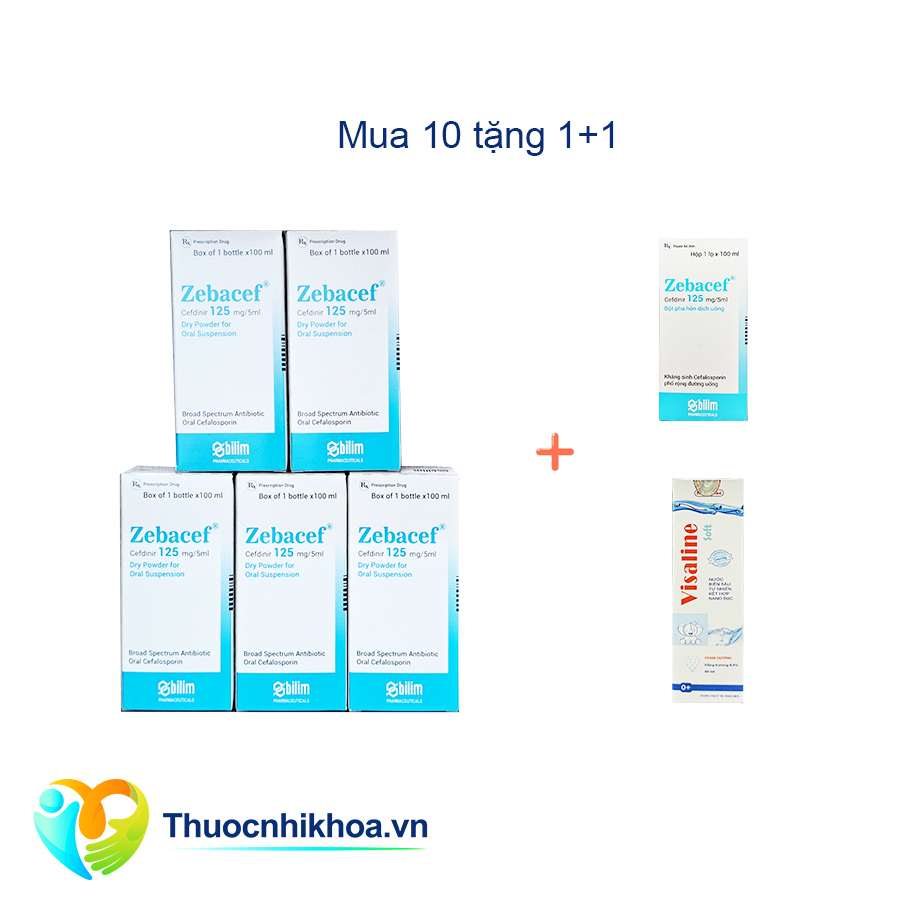 Zebacef 125mg/5ml - Combo mua 10 chai Zebacef tặng 1 chai Zebacef và 1 lọ Visaline soft 60ml
